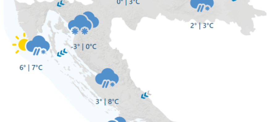 U Hrvatsku je stigla najavljena hladna fronta – Snijeg pada u unutrašnjosti, na Jadranu vjetrovito uz moguće pljuskove s grmljavinom